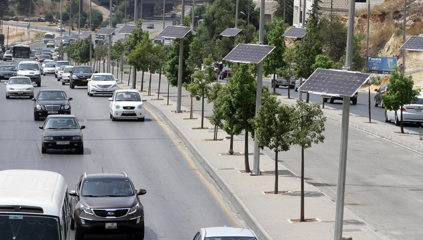 Solar-powered LED lamps installed on the Bus Rapid Transit route on University (Queen Rania Al Abdullah) Street in Amman on Wednesday (Photo by Osama Aqarbeh)